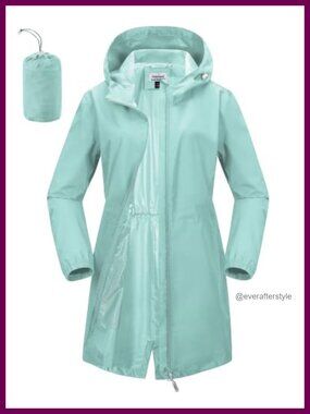 Women's Waterproof Long Rain Jacket Hooded Packable Lightweight